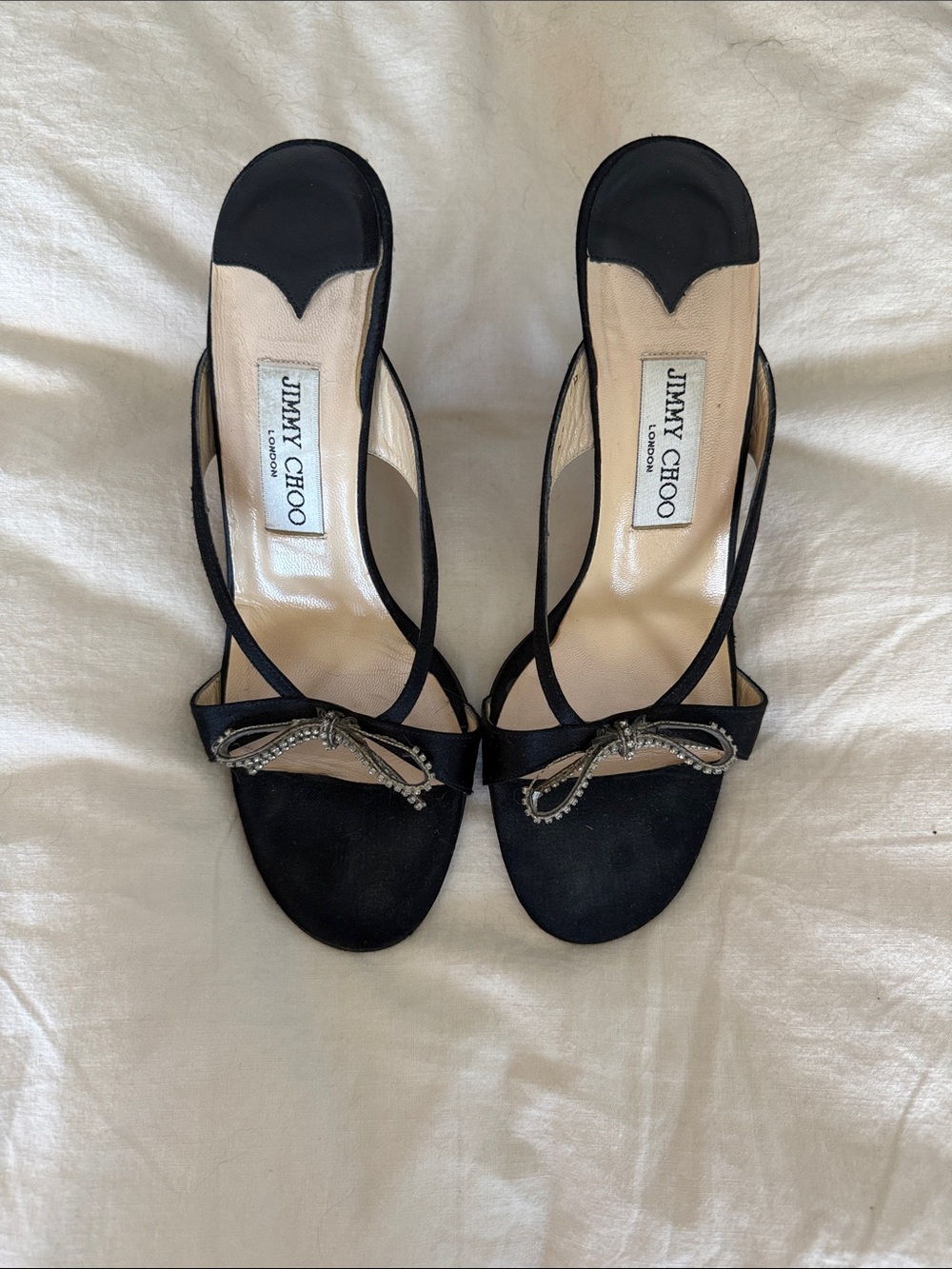 Jimmy Choo Black Satin Crystal Bow Heeled Sandals sz 38.5